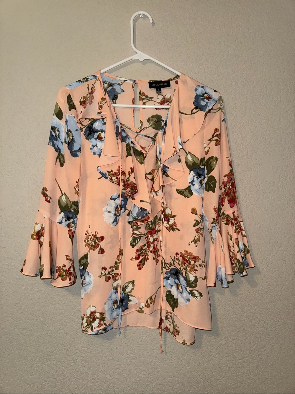 My Michelle Peach Floral Ruffle V-Neck Blouse with Blue Flowers